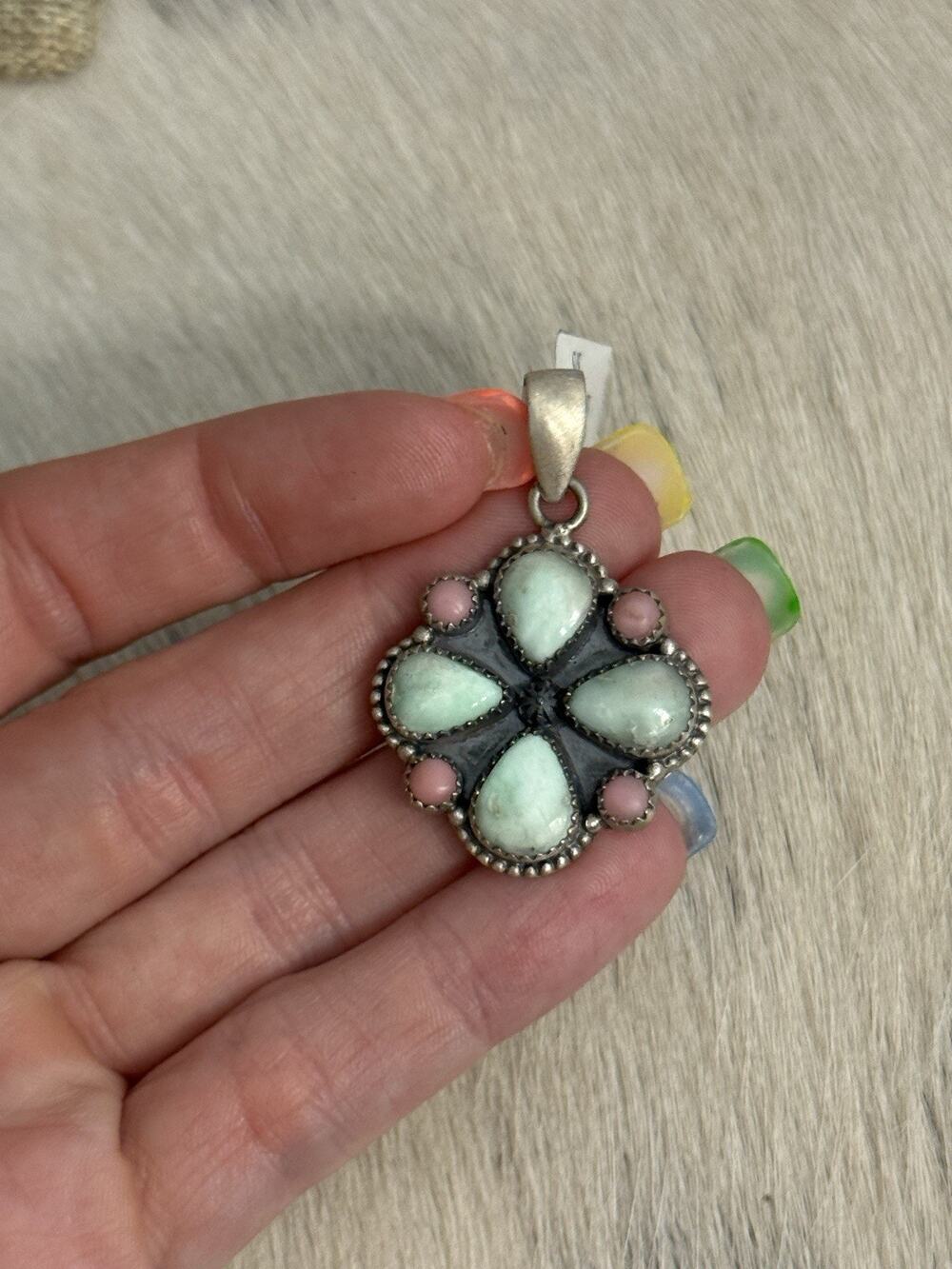 Sterling Silver Green Paloma Turquoise Pink Conch Cross Pendant 8 Stone Cluster